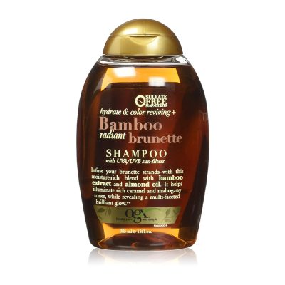 شامپو بامبو قهوه‌ای Bamboo Brunette اوجی ایکس OGX حجم 385 میل – مغذی، بدون سولفات، محافظ رنگ کارامل و قهوه‌ای مو